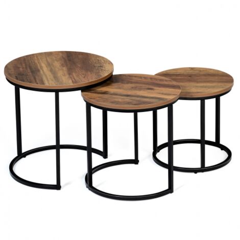 Lot de 3 tables basses gigognes HAWKINS rondes 30/40/45 bois foncé design industriel