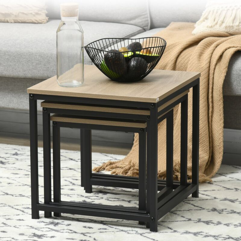 Lot de 3 tables basses gigognes, tables d'appoint de salon, structure en acier noir, plateau en bois, 45x45x44 cm, naturelle