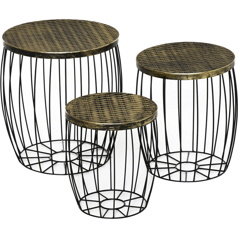 Lot de 3 tables basses gigognes tables d'appoint rondes encastrables style néo-rétro métal noir doré - Noir