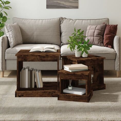 Lot de 3 Tables basses gigognes Tables de salon  Bouts de canapé chêne fumé bois d'ingénierie 86947