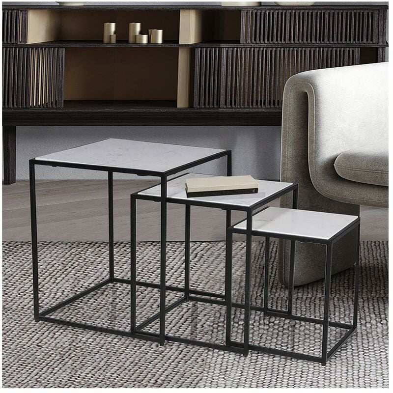 Lot de 3 tables basses Marbre paros / Piètement noir/