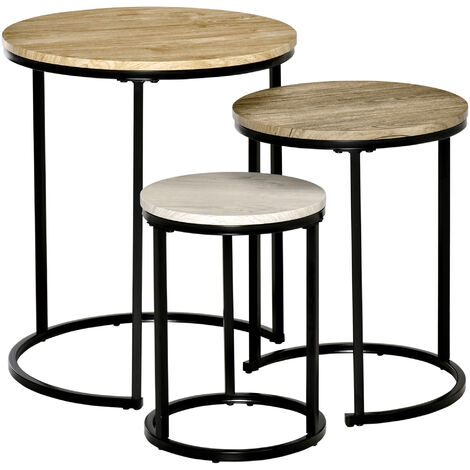 Lot de 3 tables basses rondes gigognes encastrables structure acier noir plateaux MDF aspect bois clair