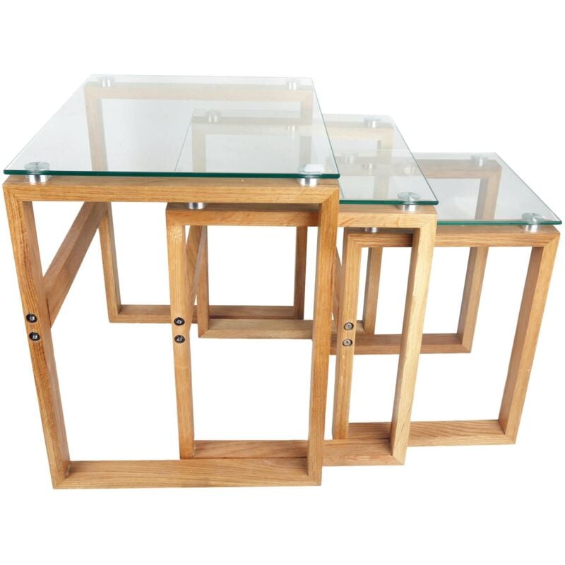 Lot de 3 Tables carrées d'appoint Gigogne plateau verre et pieds bois H50cm