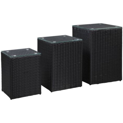 Lot de 3 Tables d'Appoint Chevet,Bout de Canapé et dessus en verre Noir Résine tressée -GB23407