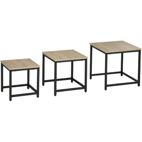 Lot de 3 tables d'appoint en acier noir, design industriel, plateau effet bois