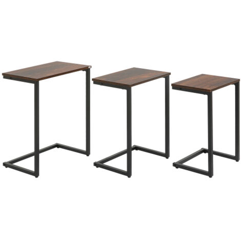 Lot de 3 tables d'appoint gigognes en bois et métal, en forme de C, style industriel, marron rustique