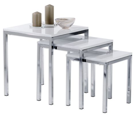 Lot de 3 tables d'appoint LUNA tables basses de salon gigognes bouts de canapé plateau carré blanc brillant et cadre en métal chromé - Blanc