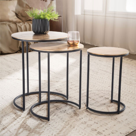 Lot de 3 tables d'appoint rondes 45, 38 et 30 cm en aluminium doré
