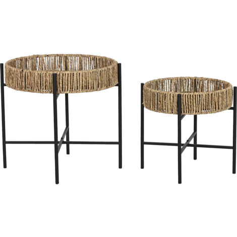 Lot de 3 tables d'appoints rondes en bois naturel et métal noir