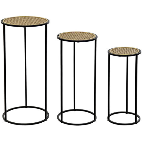 Lot de 3 tables d'appoints rondes en rotin naturel et métal noir