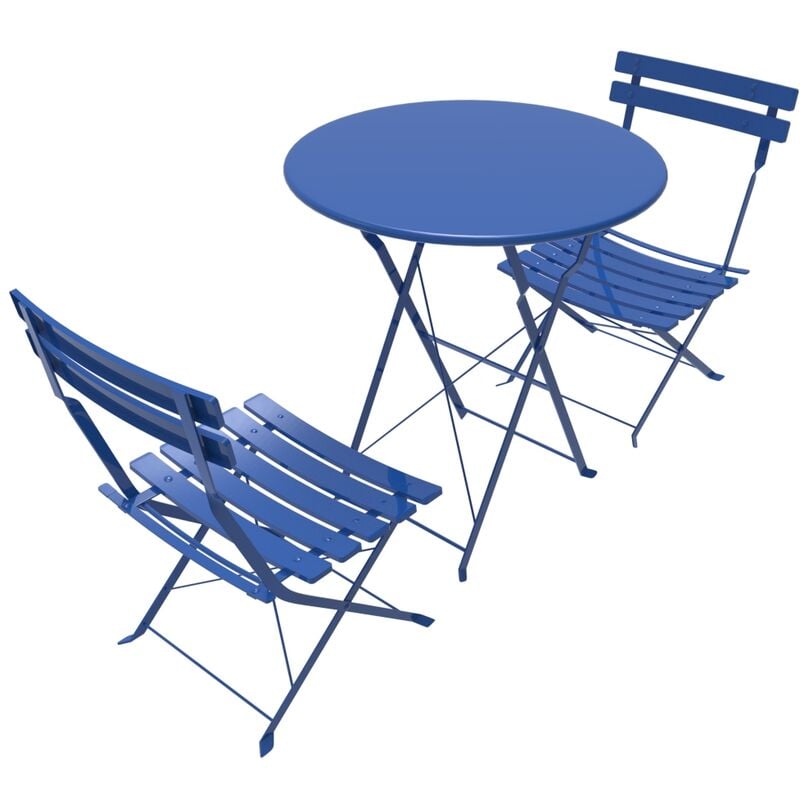 Lot de 3 tables et chaises de bistro, ensemble de mobilier de salle à manger pliable en métal bleu pour le jardin, le patio et le balcon