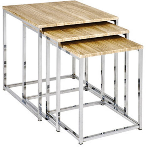 Lot de 3 tables gigognes 29, 34 et 39 cm chêne clair et chromé