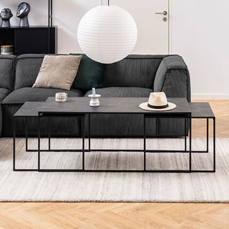 Lot de 3 tables gigognes aspect marbre et métal noir - ISAYA