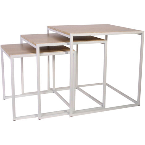 Lot de 3 tables gigognes carrées en bois et métal blanc