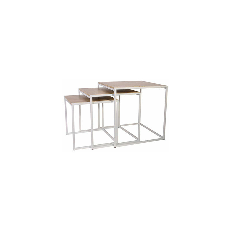 m-s - lot de 3 tables gigognes carrées en bois et métal blanc