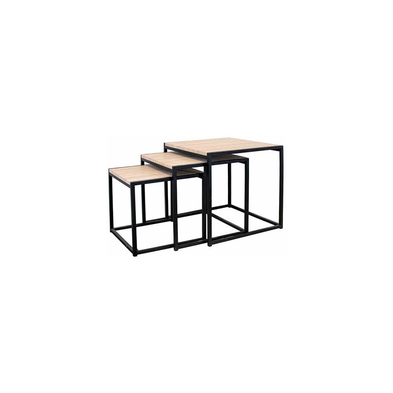 m-s - lot de 3 tables gigognes carrées en bois et métal noir
