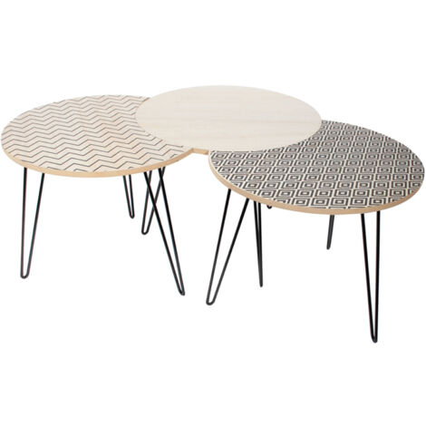 Lot de 3 tables rondes avec plateaux à motif blanc naturel et noir