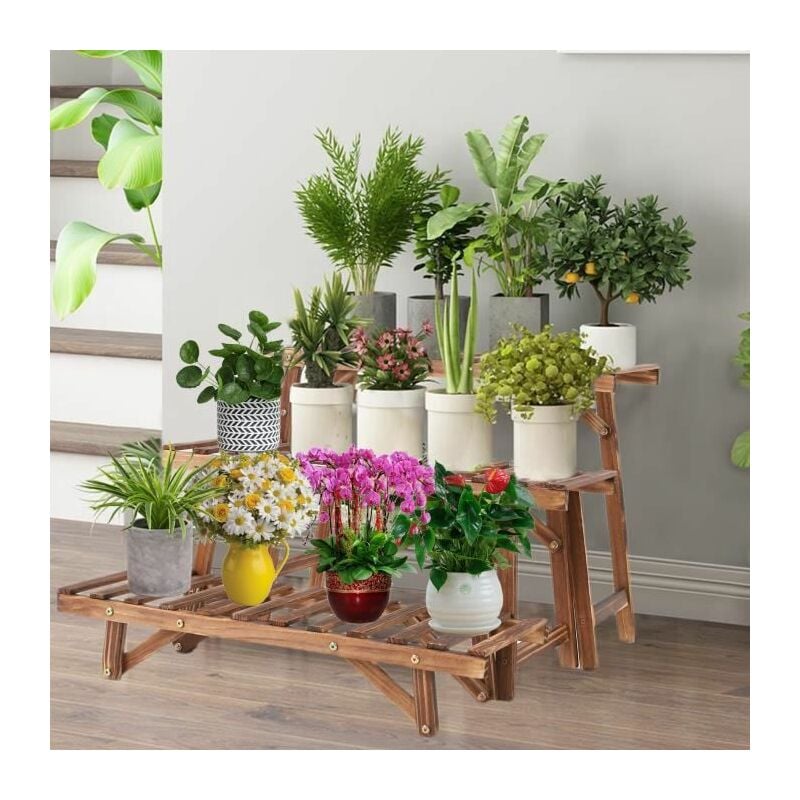 Lot de 3 Étagères Echelles Fleurs en Bois - Support de Pot de Plantes pour Jardin Terrasse Balcon