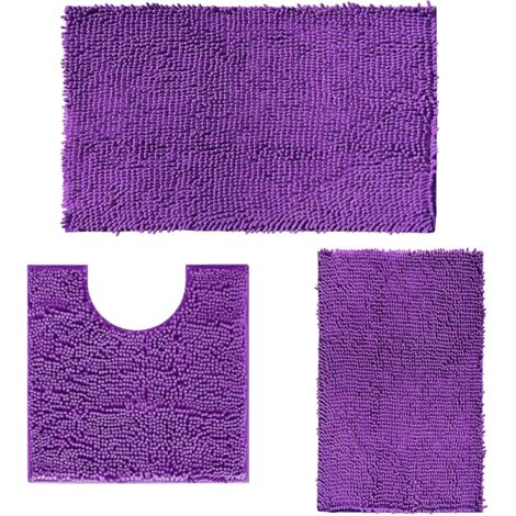 Lot de 3 Tapis de bain antidérapants en chenille microfibre absorbante pour douche baignoire Violet foncé