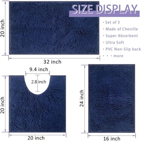 Lot de 3 Tapis de bain, Chenille antidérapante, Absorbant rapide, Pour douche baignoire