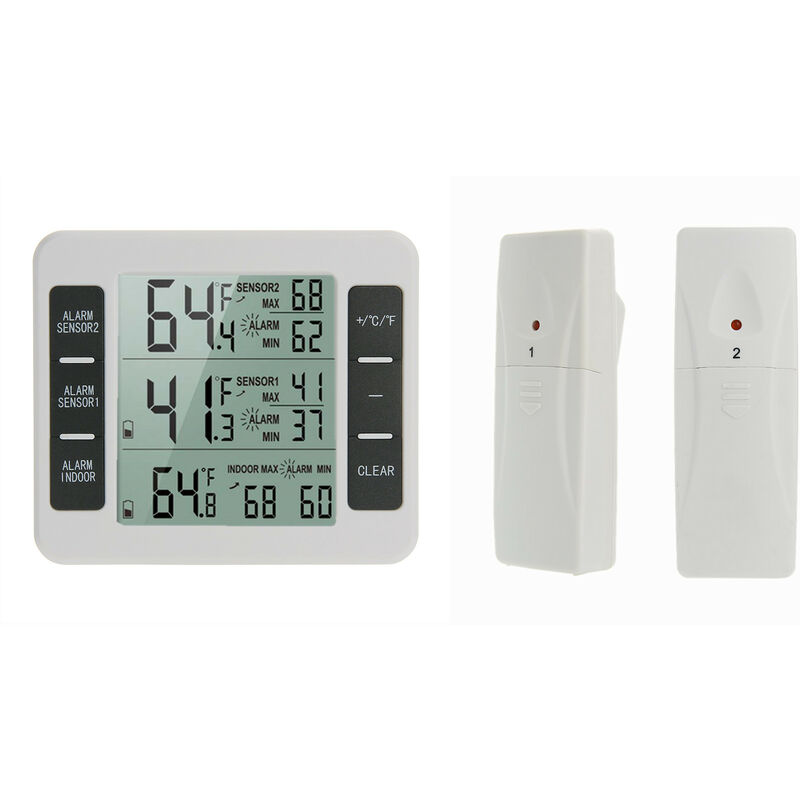 Serbia - lot de 1 Thermomètre de Frigo Congelateur, Thermomètre de Réfrigérateur sans Fil avec 2 Capteurs, Alarme Sonore, Min/Max, Thermomètre