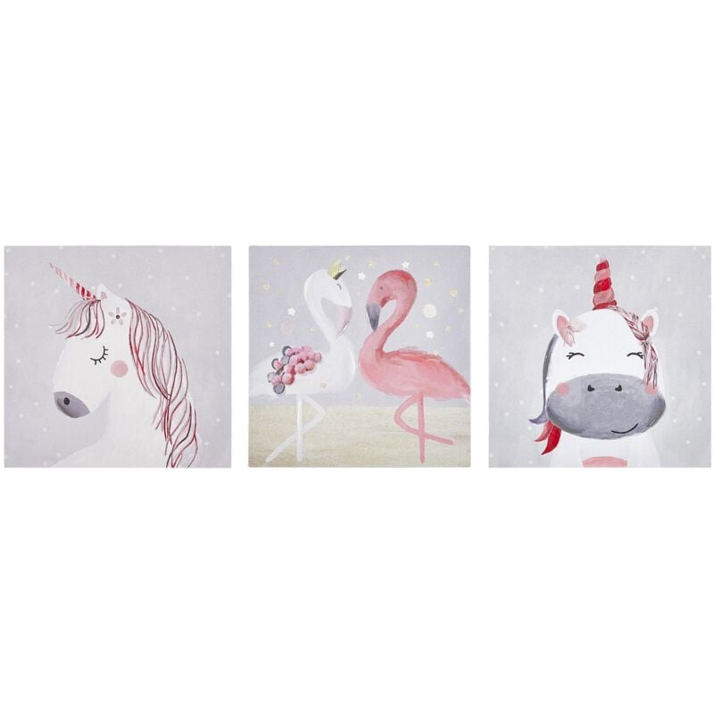 Lot de 3 Tableaux Polyester Crochets Motif Animaux Chambre d'Enfant 30 x 30 cm Timia