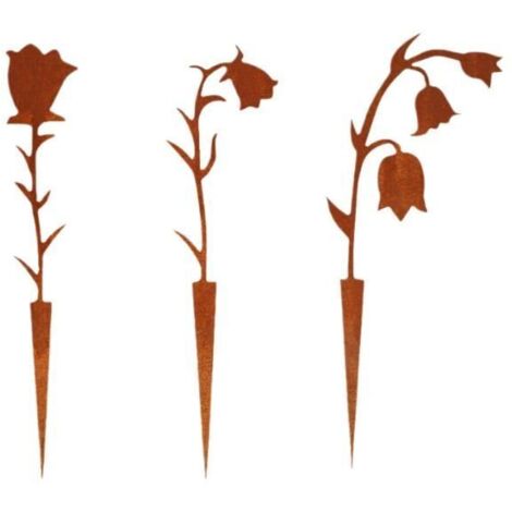 Lot de 3 tuteurs métalliques en forme de perce-neige, rouillés naturellement - Idéal pour décorer votre jardin.