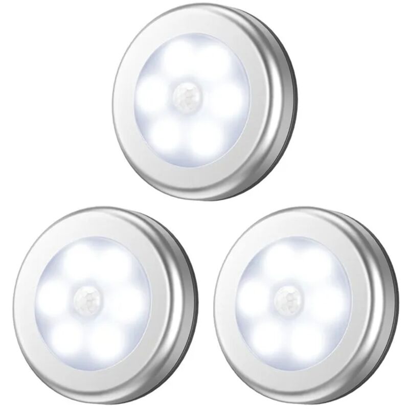 Lot de 3 veilleuses LED à piles avec détecteur de mouvement, appliques murales adhésives pour escalier et couloir, couleur argent