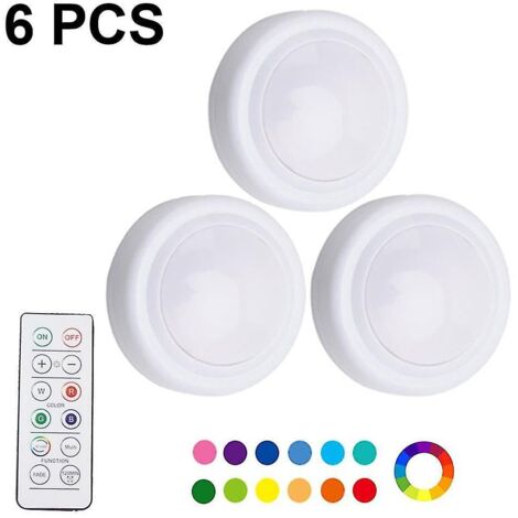 Lot de 3 veilleuses LED rondes à 16 couleurs changeables, alimentées par piles, à intensité variable et sans fil, avec 2 télécommandes.