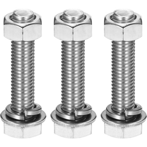 Lot de 3 vis à tête hexagonale, en acier inoxydable 304, comprenant écrou, rondelle plate et rondelle frein, entièrement filetées, finition polie, adaptées aux produits ménagers et électroniques (M10 
