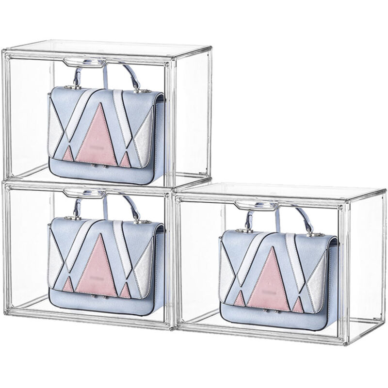 Lot de 3 Vitrine Armoire Portefeuille Transparent et Sac à Main Boîte de Rangement, Sac Empilable Boîte de Rangement Avec Porte Magnétique