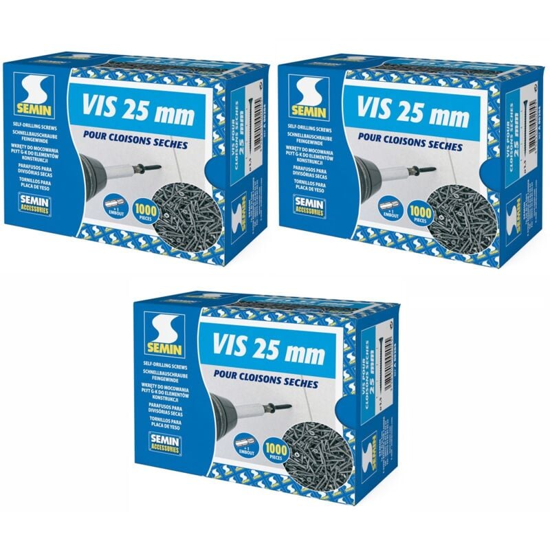 Lot de 3 x 1000 vis auto perceuse Semin pour la fixation des plaques de pâtre sur l'ossature - intérieur - 25 mm