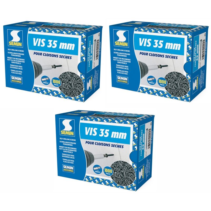 Lot de 3 x 1000 vis auto perceuse Semin pour la fixation des plaques de pâtre sur l'ossature - intérieur - 35 mm