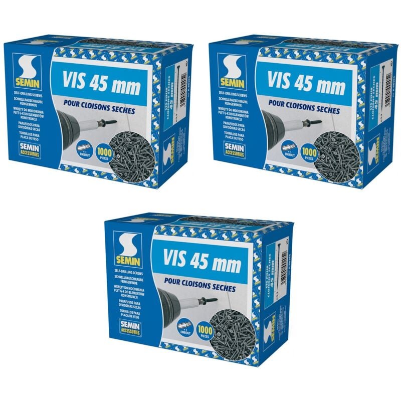 Lot de 3 x 1000 vis auto perceuse Semin pour la fixation des plaques de pâtre sur l'ossature - intérieur - 45 mm