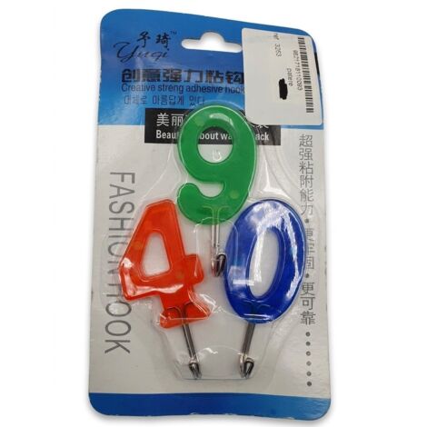 Lot de 3 - YUQI - Patères adhésives en plastique - Forme chiffres 4, 9, 0 - Charge max 2.0kg - ref: 3283 - Adhésion forte - Voir photos pour détails