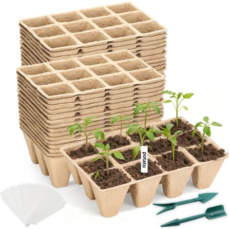 Lot de 30 barquettes de démarrage pour semis, 360 pots biodégradables pour la germination des graines — Kit de démarrage avec 30 étiquettes et 2 outils de repiquage