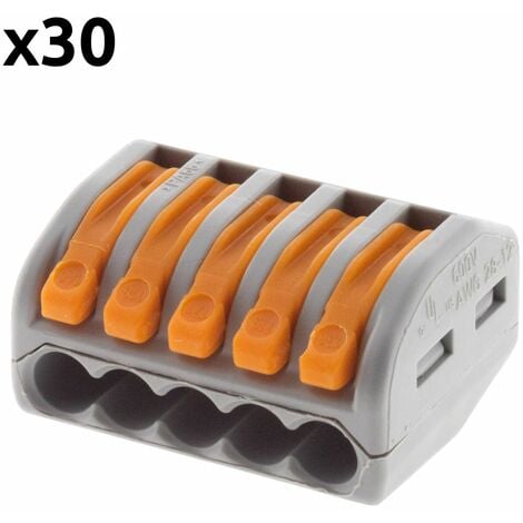 Lot de 30 bornes automatiques à cliquet S222 - 5 entrées fils rigides et souples 4mm² max - Orange - Wago