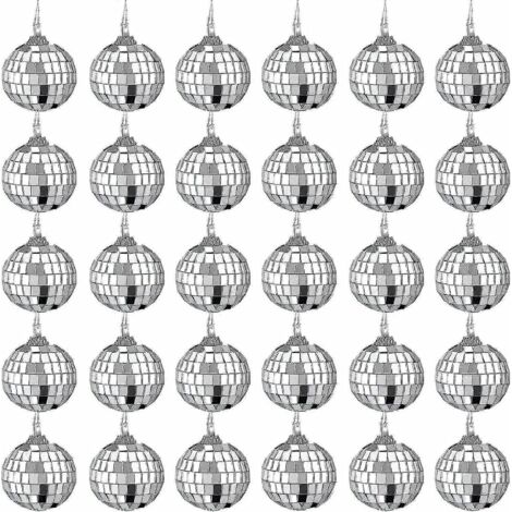 Lot de 30 boules disco miroir de 4 cm (1,6 pouce) style années 50-70, décorations suspendues pour soirées disco, effet lumineux DJ, accessoires de scène argentés, décorations de sapin de Noël.