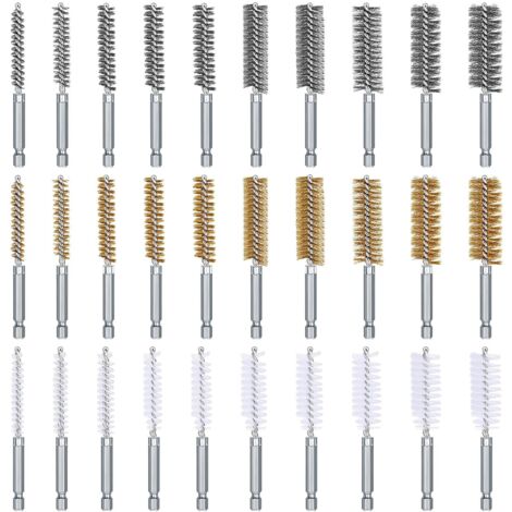 Lot de 30 brosses d'alésage pour perceuse à percussion avec tige hexagonale de 6,35 mm, 8, 10, 11, 12, 13, 15, 16, 17, 18 et 19 mm (acier inoxydable, laiton, nylon)