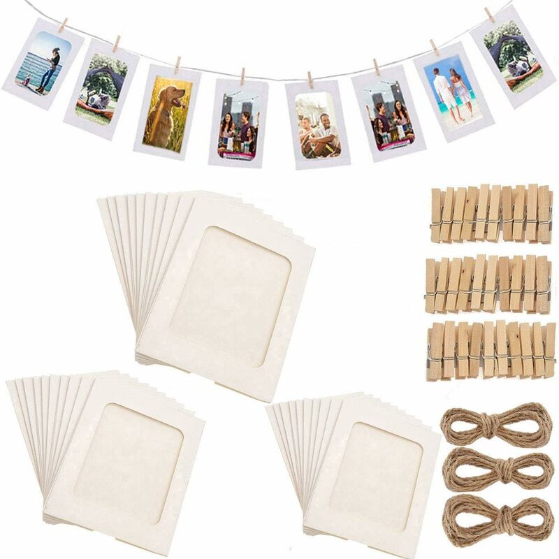 Lot de 30 cadres photo en papier 10 x 15 cm avec clips en bois et ficelle en carton à suspendre 4 x 6 cadres photo pour décoration murale (blanc)