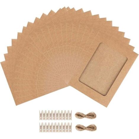 Lot de 30 cadres photo en papier kraft avec 30 pinces en bois et corde de chanvre - 11,5 x 15,5 cm - Marron