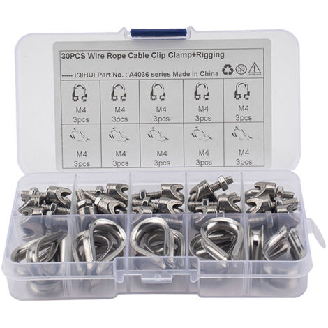 Lot de 30 clips de fixation M4 pour câbles métalliques, en acier inoxydable 304 poli, dimensions 13x7x2.2cm, pour applications portuaires et industrielles