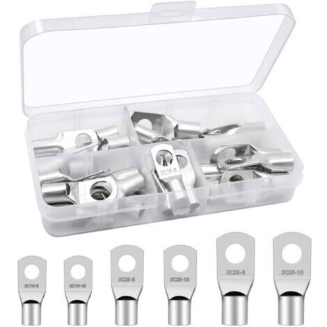 Lot de 30 cosses à sertir en cuivre étamé – Section 16/25/35 mm² – Ronde à œillet M8/M10 – Haute conductivité pour batteries automobiles