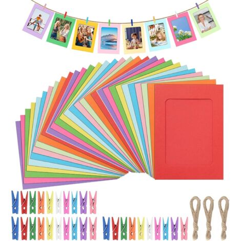 Lot de 30 guirlandes photo - Petit cadre photo - 11,5 x 15,5 cm - En papier multicolore - Avec pinces et 3 cordes de chanvre - Rideau photo pour anniversaire, mariage - Décoration murale