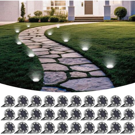 Lot de 30 Lampe Solaire Au Sol, 8 LED Lumiere Solaire Exterieur Jardin IP68 Étanche, Spot Solaire Extérieur pour Chemins Pelouse Terrasse Allée Cour Piscine Passerelle, Blanc Froid