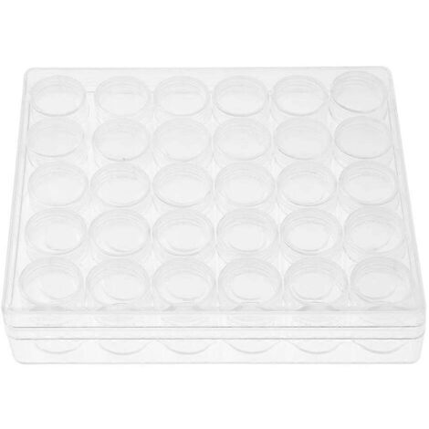 Lot de 30 petits pots ronds transparents en plastique pour ranger perles et bijoux, avec boîte rectangulaire