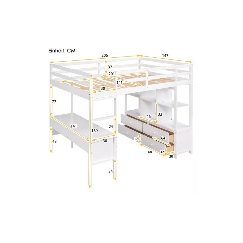 Lit surélevé 140 x 200cm pour enfants avec tiroirs de rangement et bureau sous le lit, Blanc