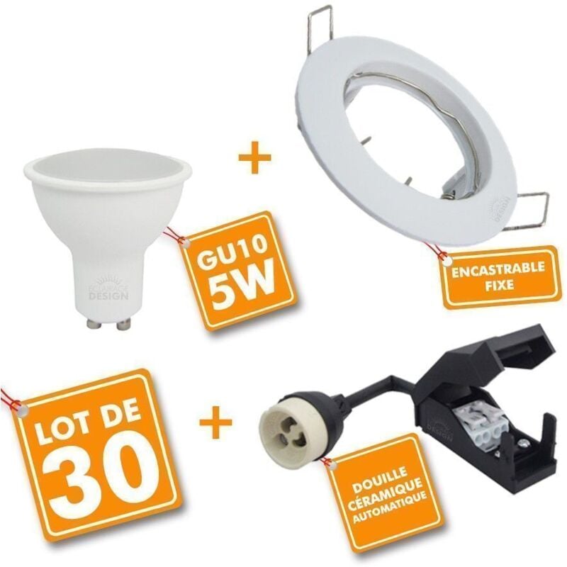 Lot de 30 Spot encastrable fixe complet blanc avec GU10 led de 5W eq 50W Température de Couleur: Blanc neutre 4000K