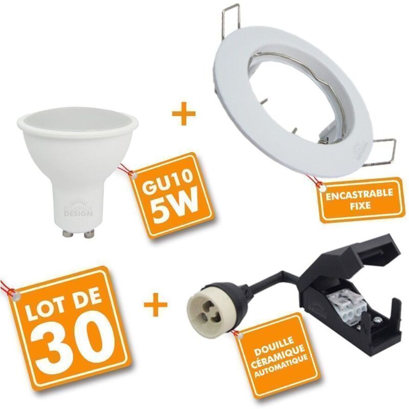 Lot de 30 Spot encastrable fixe complet blanc avec GU10 led de 5W eq 50W Température de Couleur: Blanc chaud 2700K