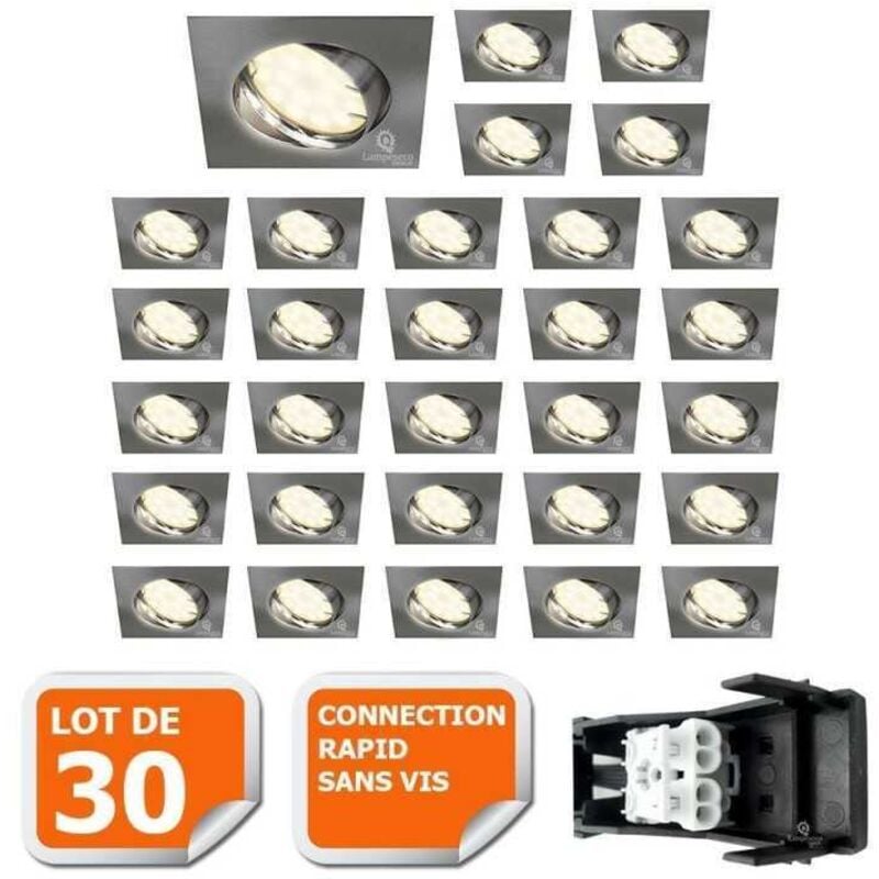 Lot de 30 spot encastrable orientable led carré alu brossé GU10 230V eq. 50W blanc neutre